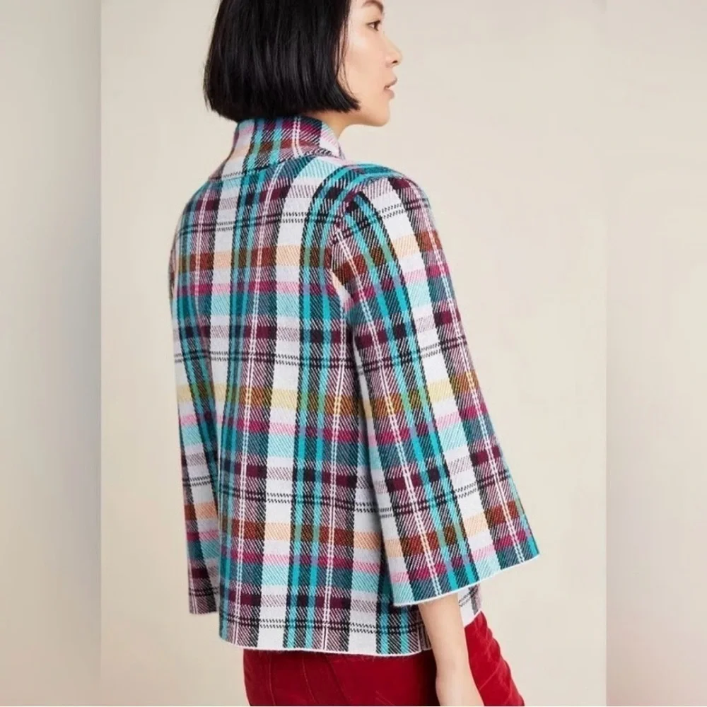 Anthropologie Rosetta Cropped Colorful Plaid Sweater Jacket Size M